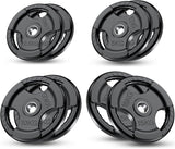 Set of five black weight plates with varying weights on a white background