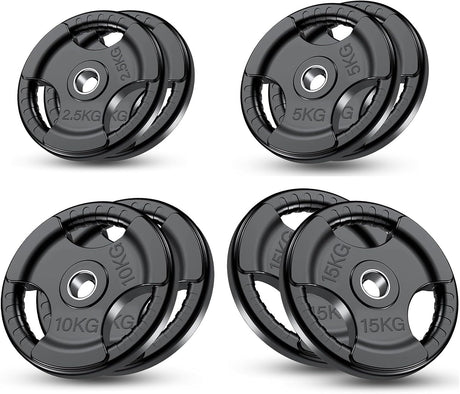 Set of five black weight plates with varying weights on a white background