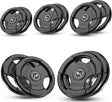 Set of weight plates with varying weights on a white background