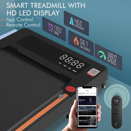 Smart treadmill with HD LED display, app control, remote control, and digital display.