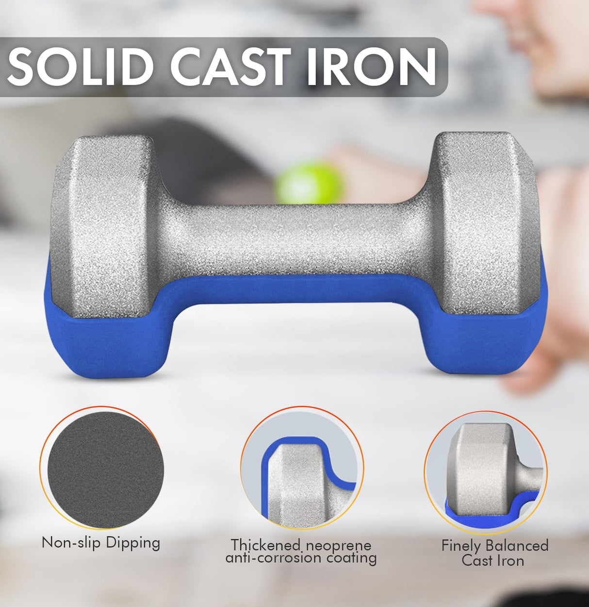 Solid cast iron dumbbell with blue non-slip coating, featuring text and icons on a blurred background.