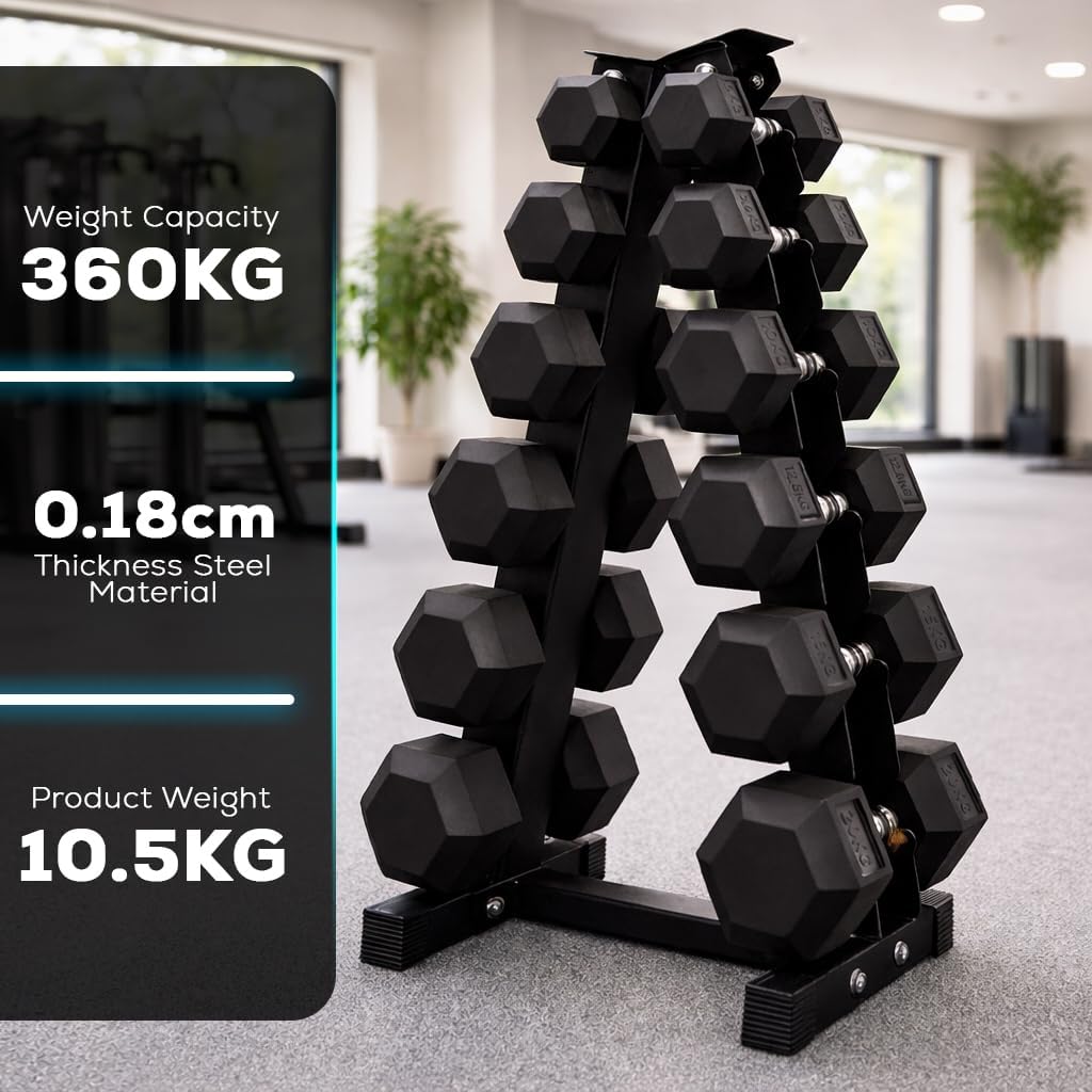 Set of black dumbbells on a stand with specifications displayed on the left.