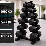Set of black dumbbells on a stand with specifications displayed on the left.
