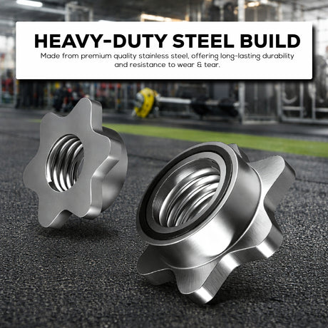 Two metallic nuts on a textured surface with text about heavy-duty steel build.