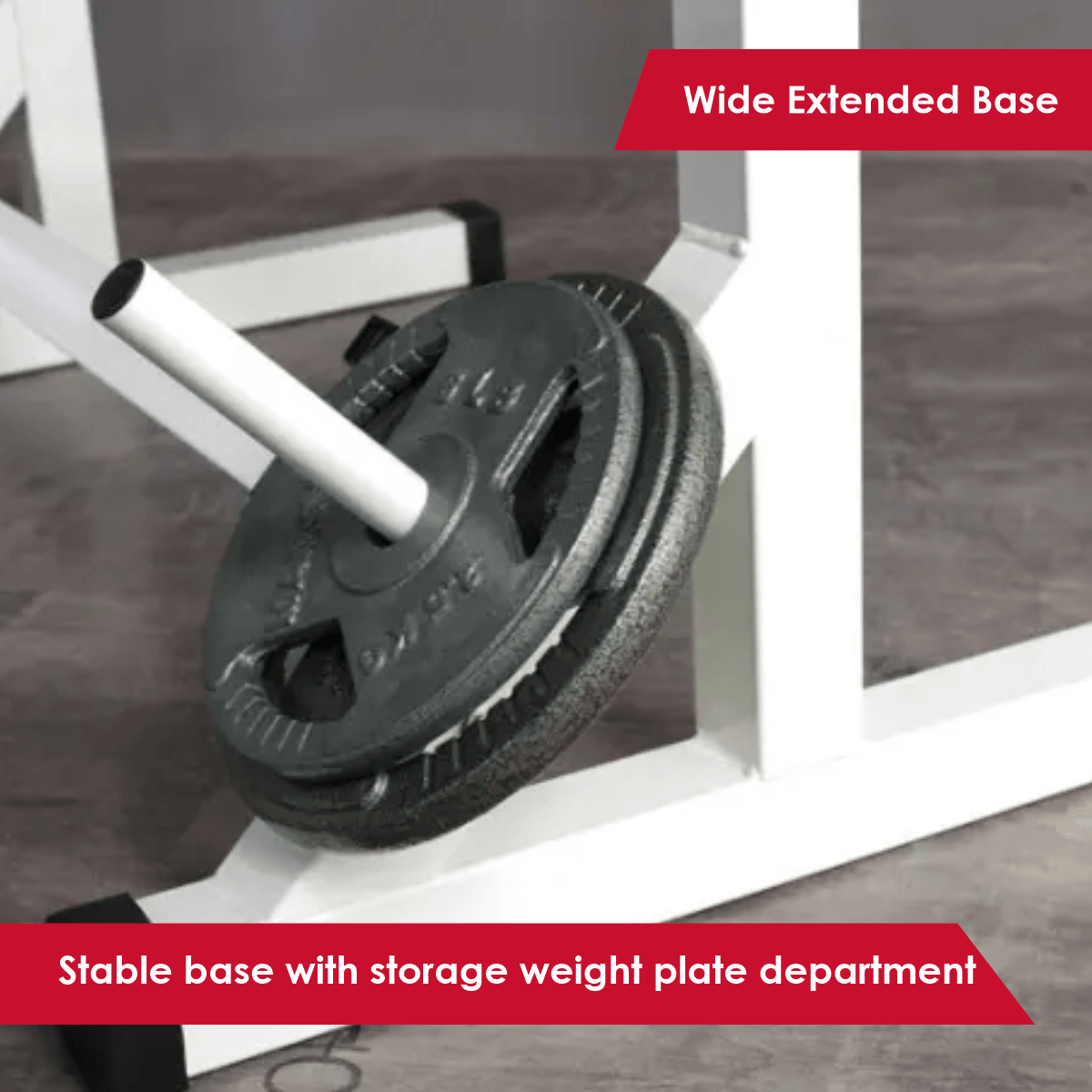 Black weight plate on a stable base with extended wide base.