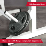 Black weight plate on a stable base with extended wide base.