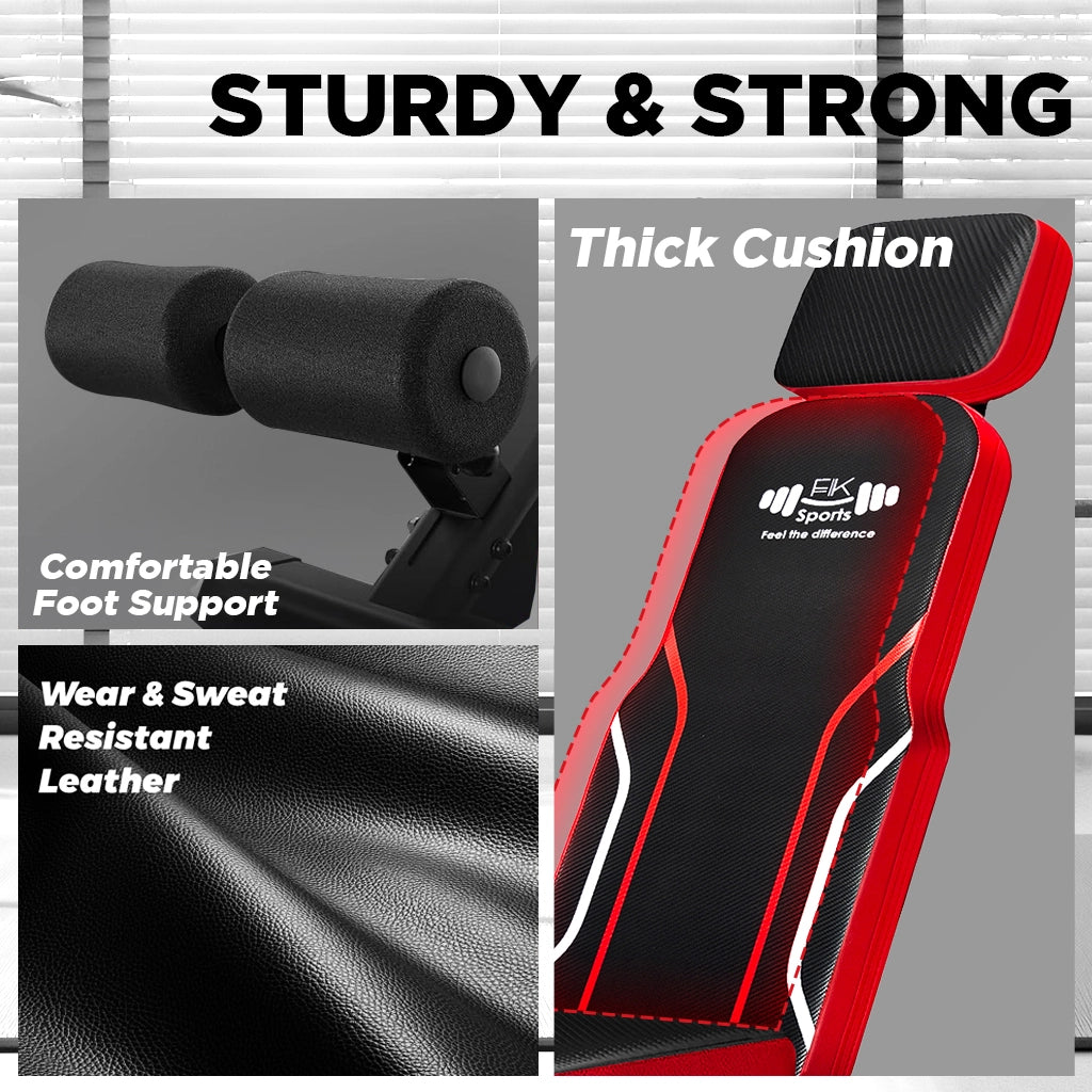 Red and black Adjustable Foldable Workout gym Bench with features highlighted on a gray background