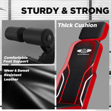Red and black Adjustable Foldable Workout gym Bench with features highlighted on a gray background
