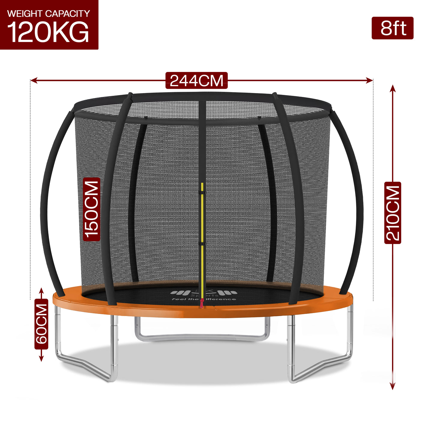 Trampoline with dimensions and weight capacity on a white background