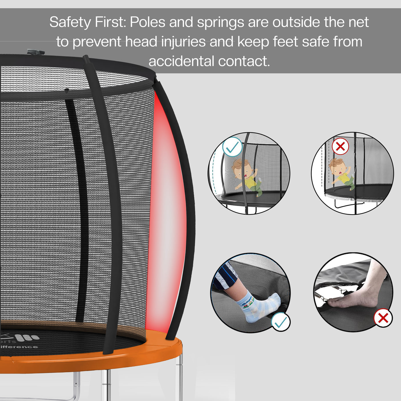 Trampoline with safety net and instructional graphics on a gray background