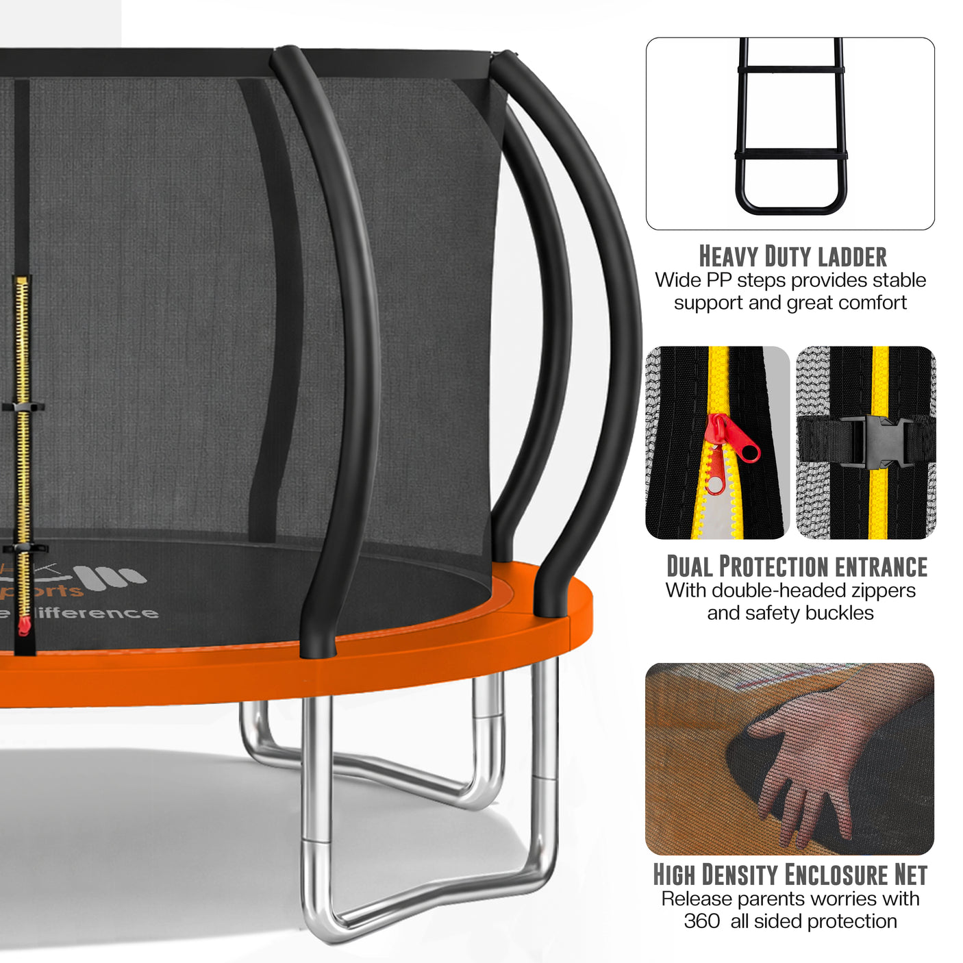 Trampoline with safety features highlighted on a white background