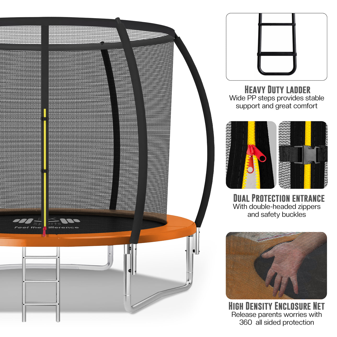 Trampoline with safety net, ladder, and enclosure net features on a white background