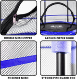 Product features including double mesh zipper, arched zipper door, PE dense mesh, and strong pipe guard rod.