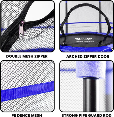 Product features including double mesh zipper, arched zipper door, PE dense mesh, and strong pipe guard rod.
