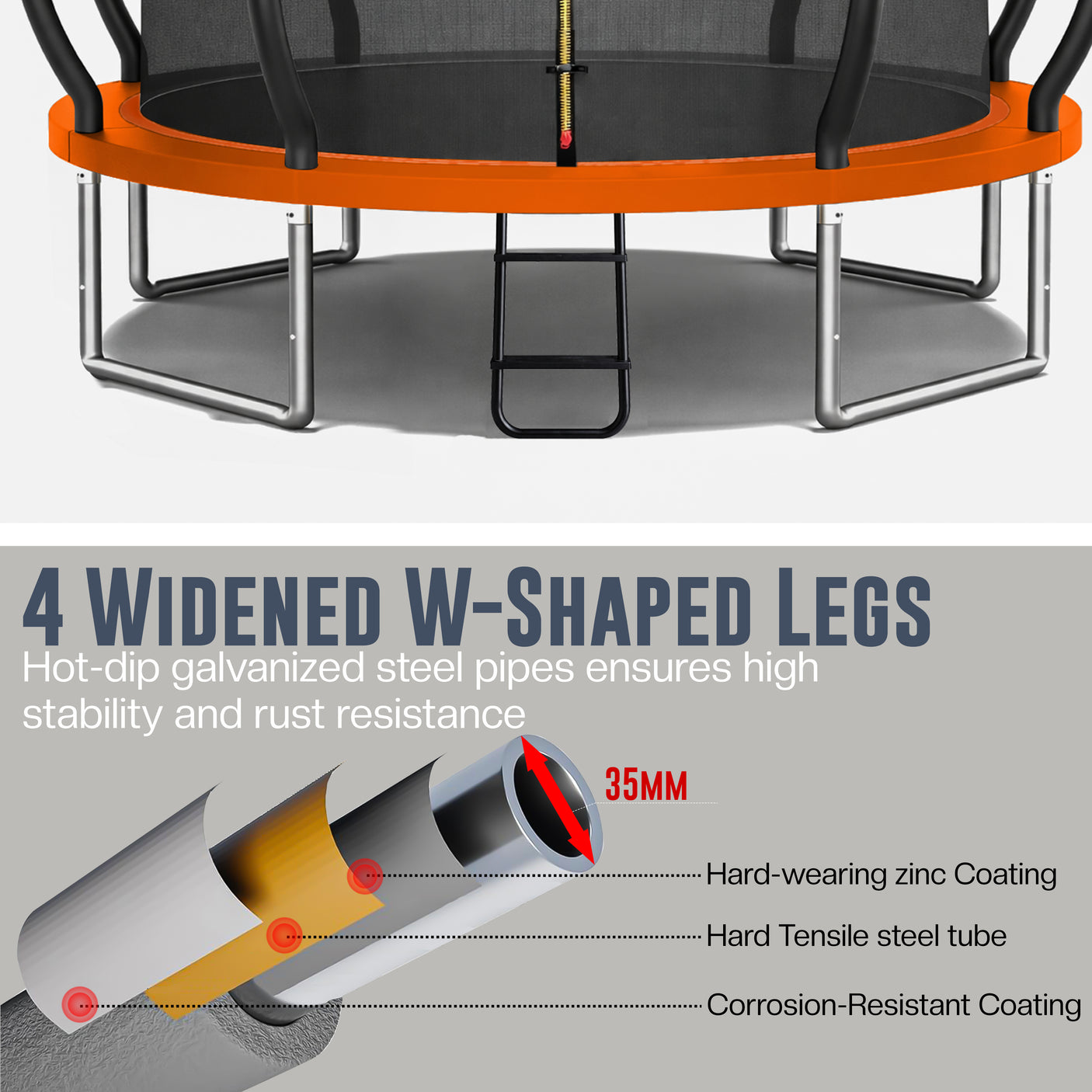 Trampoline with widened W-shaped legs and detailed diagram of steel pipes on a gray background