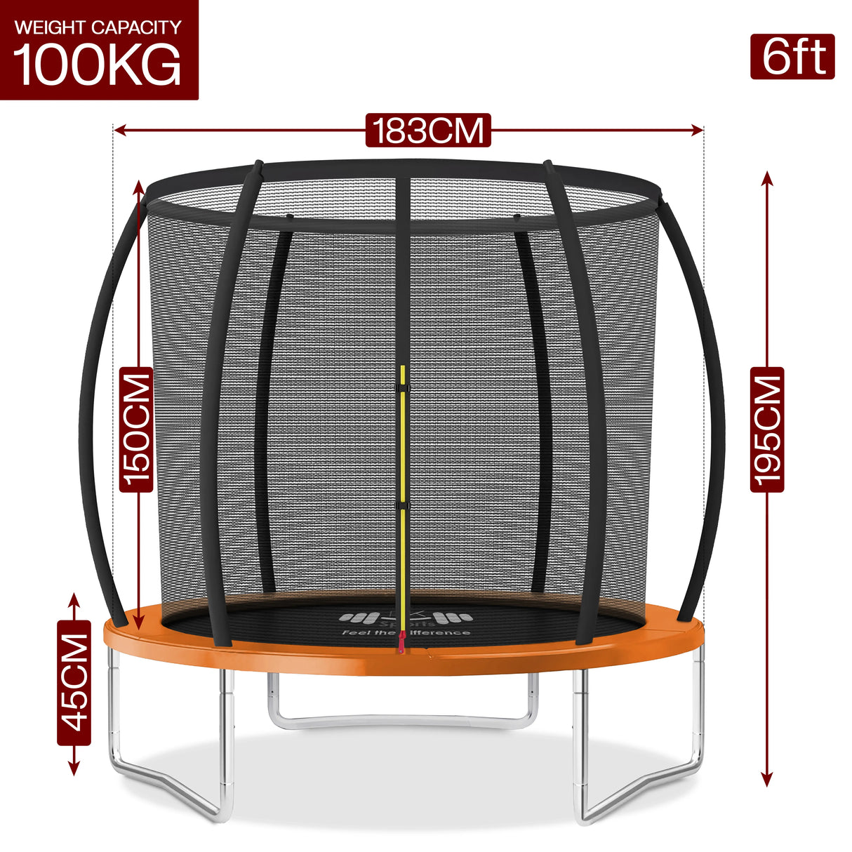 Trampoline with dimensions and weight capacity on a white background
