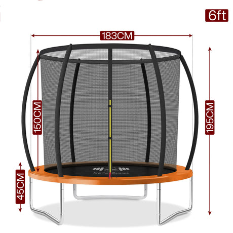 Trampoline with dimensions and weight capacity on a white background