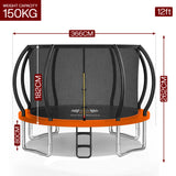 Trampoline with dimensions and weight capacity on a white background

