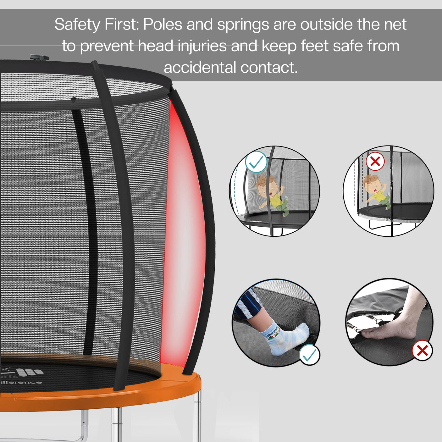Trampoline with safety net and instructional graphics on a gray background