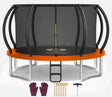 Trampoline with safety net, gloves, stakes, and a tool on a white background