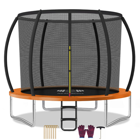 Trampoline with safety net, ladder, gloves, and tools on a white background