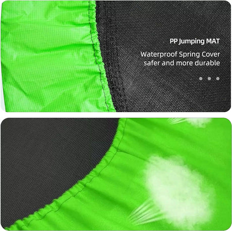 Waterproof spring cover with green fabric and text on durability.