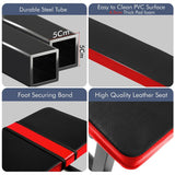 Product features including durable steel tube, easy-to-clean PVC surface, foot securing band, and high-quality leather seat.