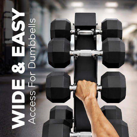 Hand holding a set of dumbbells with gym equipment in the background, text 'Wide & Easy Access For Dumbbells' on the left.