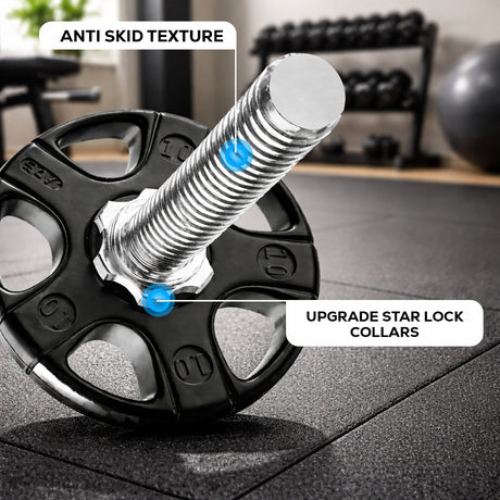 Close-up of a weight plate with star lock collars on a gym floor, highlighting anti-skid texture and upgrade features.