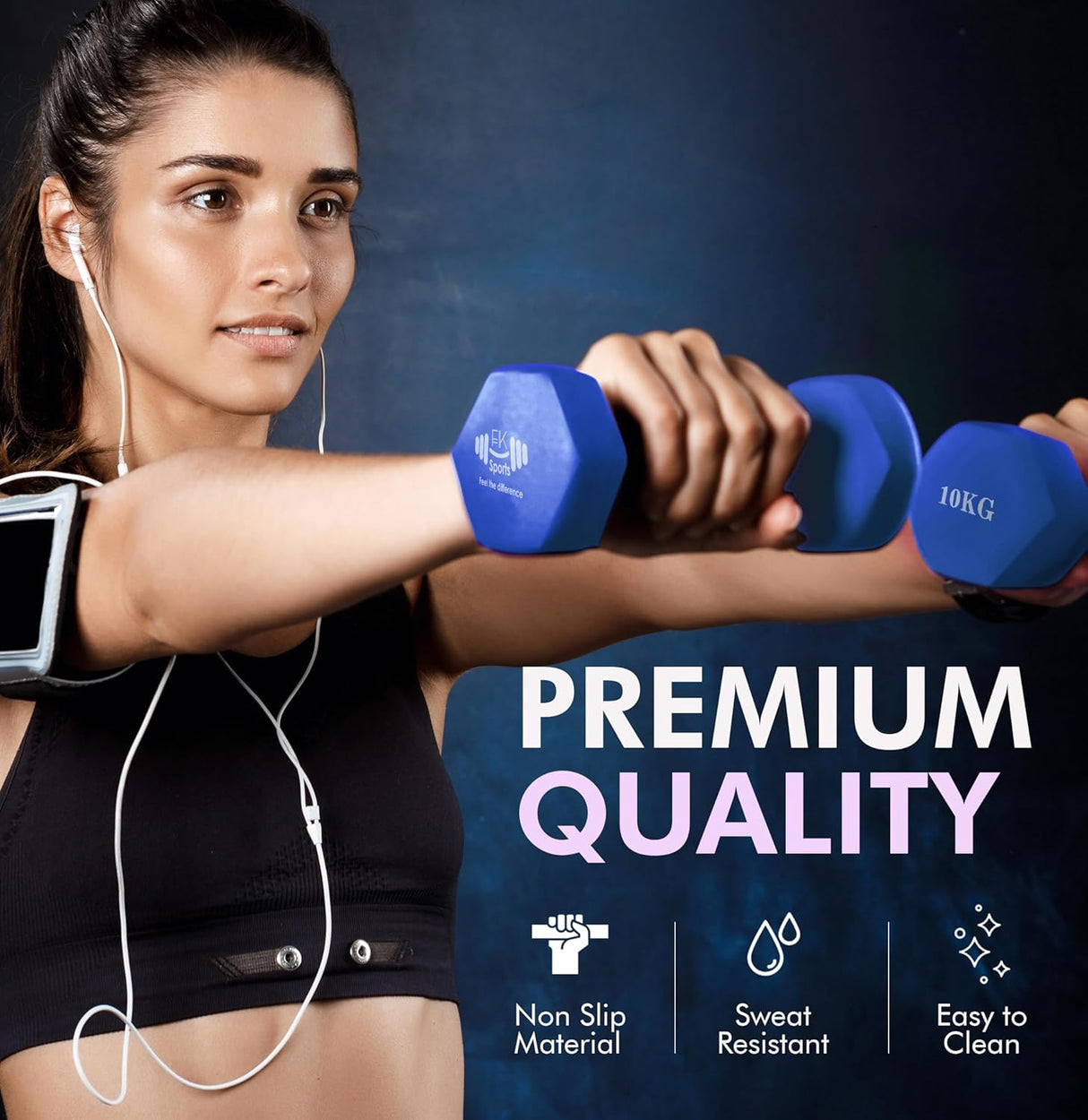 Woman exercising with blue dumbbells, wearing earphones, on a dark background with 'Premium Quality' text and features listed.