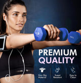 Woman exercising with blue dumbbells, wearing earphones, on a dark background with 'Premium Quality' text and features listed.