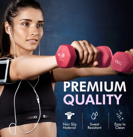 Woman exercising with pink dumbbells against a dark background, with text highlighting product features.

