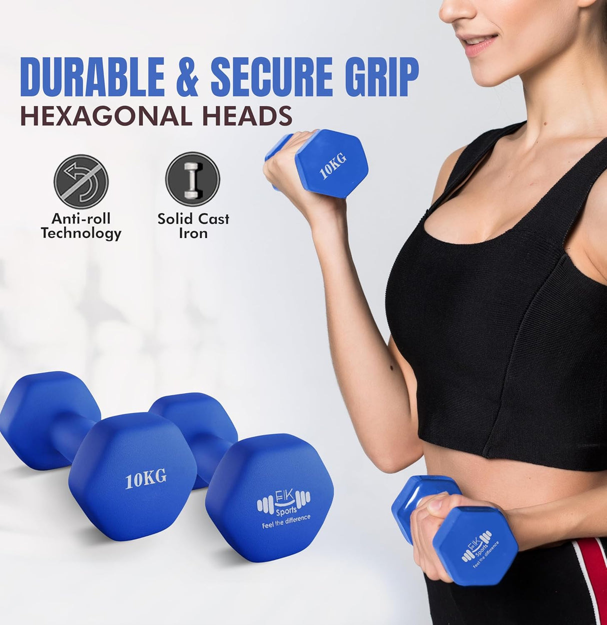 Woman holding blue dumbbells with text about durable grip and features on a white background
