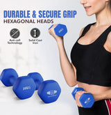 Woman holding blue dumbbells with text about durable grip and features on a white background