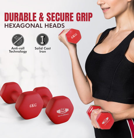 Woman holding red hexagonal dumbbells with text about durability and grip, and images of anti-roll technology and solid cast iron.

