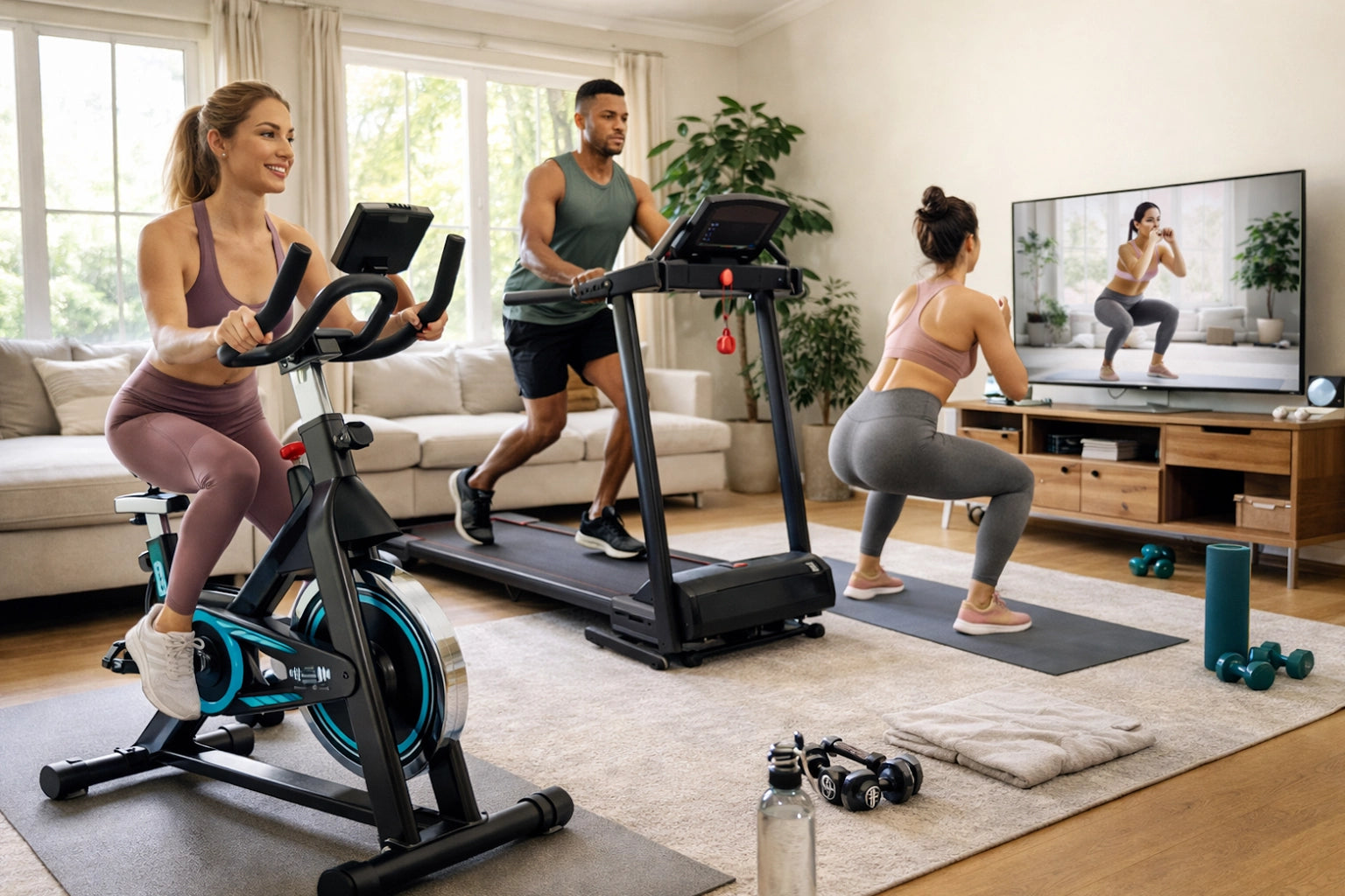 People working out at home using treadmill, exercise bike and dumbbells in a modern UK living room home gym setup.