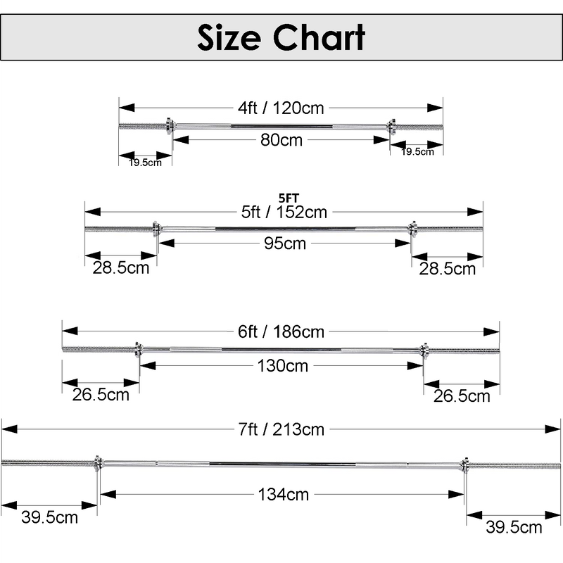 Size chart Standard 1" Spinlock Barbell Bar - FK Sports